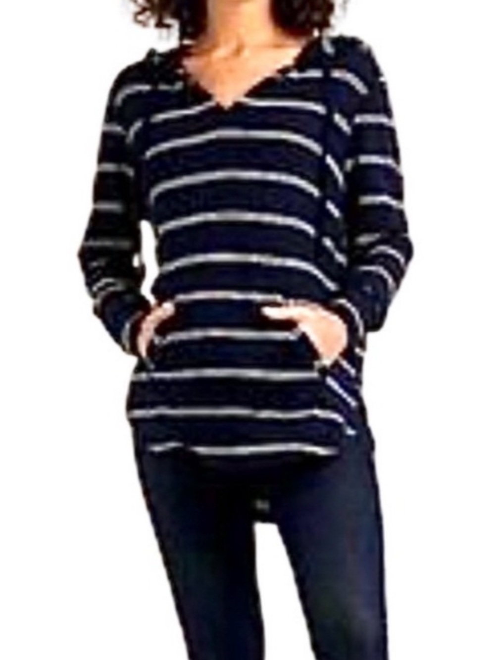 Lucky Brand Pullover Hoodie Long Line V-neck Pocket Navy Blue White Size S
